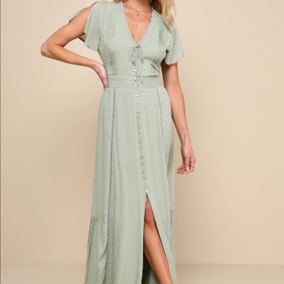 Lulus Completely In Love Sage Green Swiss Dot Button-Front Maxi Dress - Picture 3 of 4